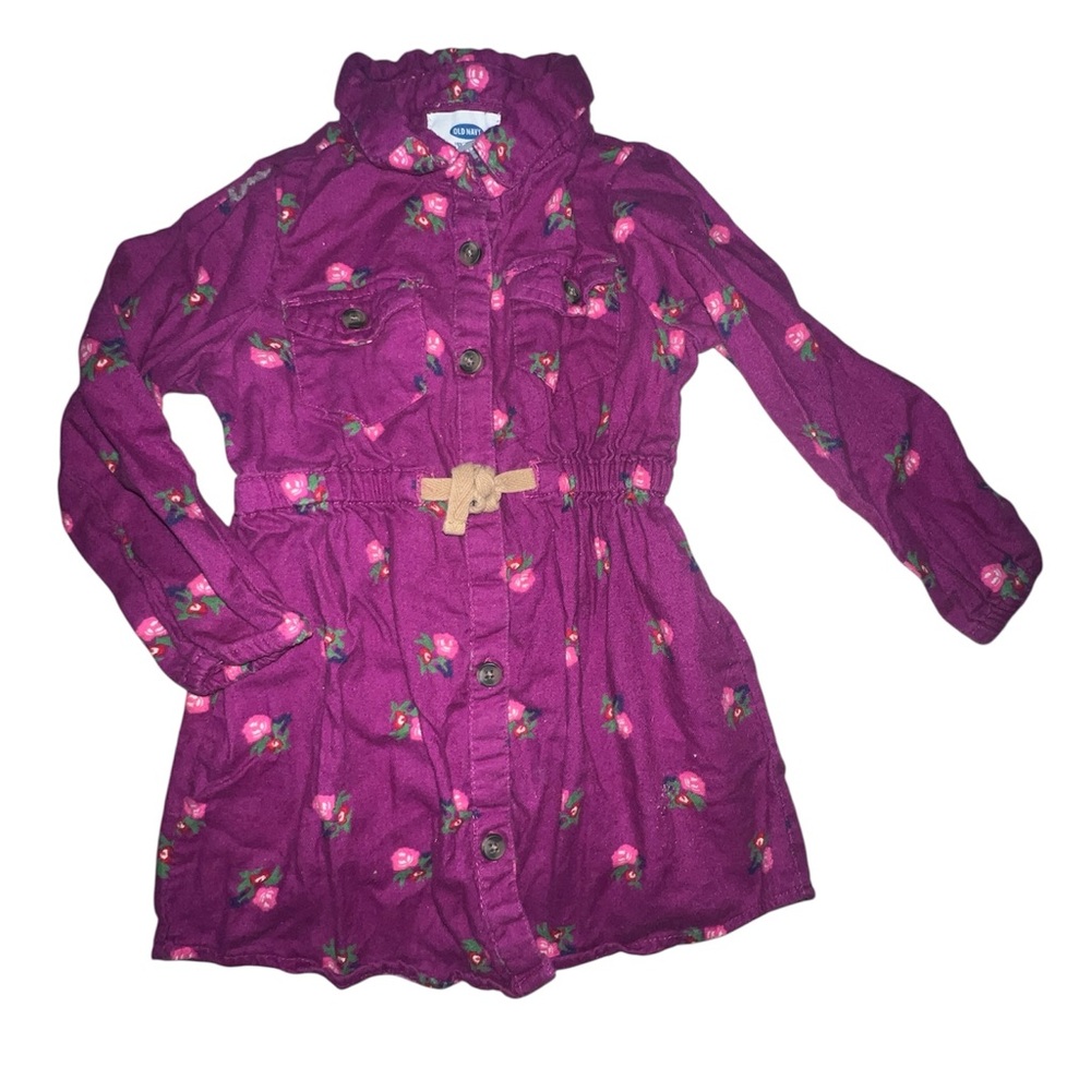 Old Navy Girls Purple Floral Long Sleeve Button Down Dress Drawstring